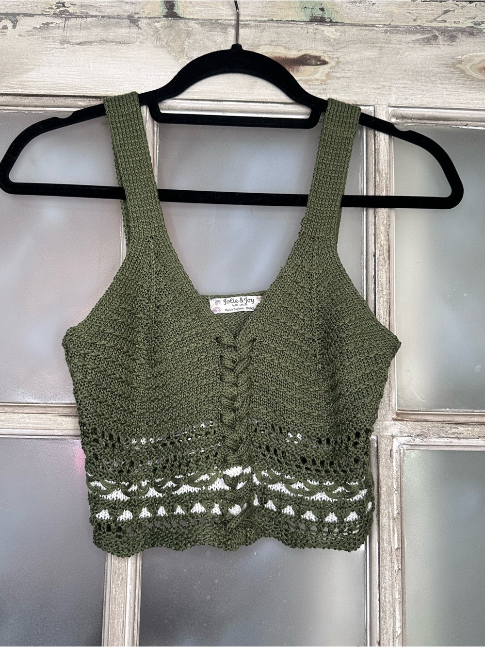 Jolie & Joy Olive Green Crochet Knit Crop Tank Top Boho Cottagecore Size Small
